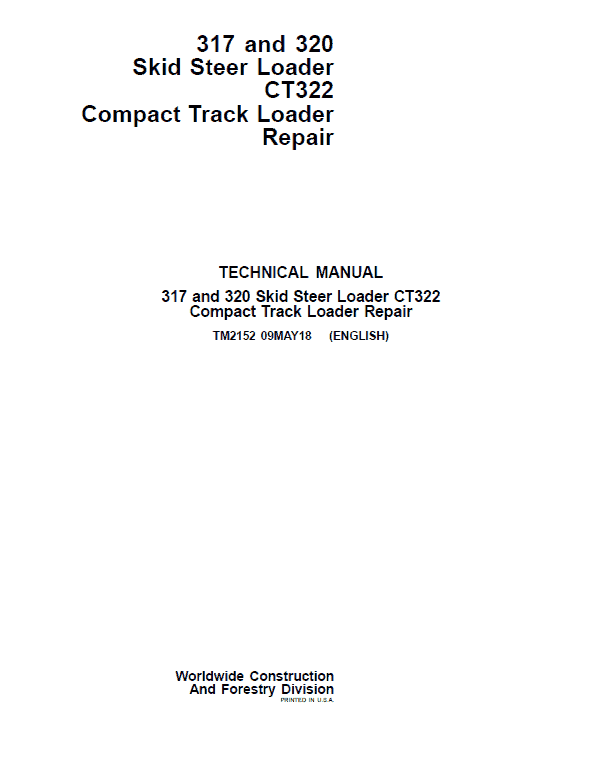 John Deere CT322 Compact Loader Repair Technical Manual Workshop Guide