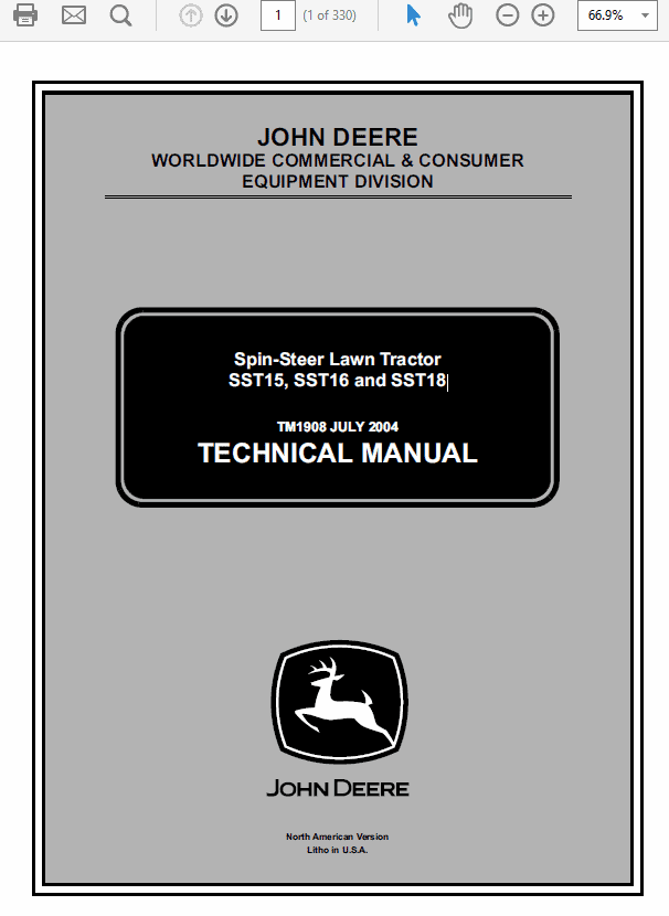 John Deere SST15, SST16, SST18 Lawn Tractor Technical Manual (TM1908) Workshop Guide