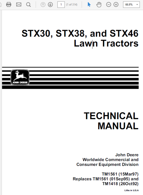 John Deere STX30, STX38, STX46 Lawn Tractors Technical Manual Workshop Guide