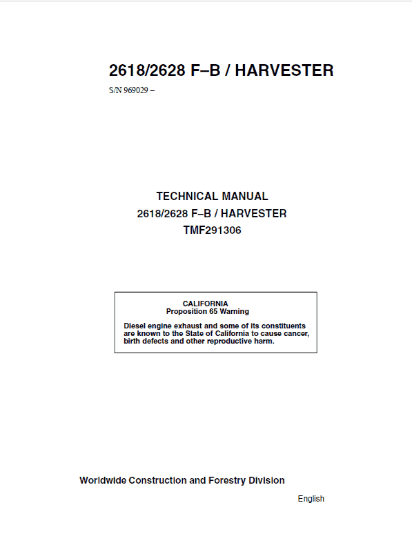 John Deere Timberjack 2618, 2628 Tracked Feller Bunchers Harvester Repair Manual Workshop Guide