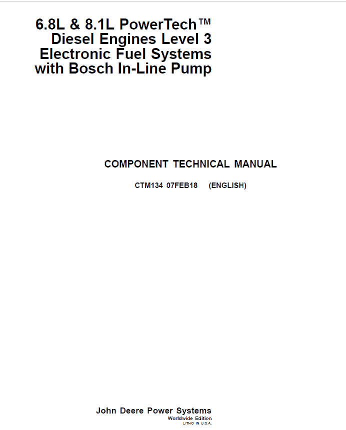 John Deere 6.8L, 8.1L PowerTech Diesel Engines Level 3 Electronic Fuel Systems with Bosch Pump Repair Manual Workshop Guide