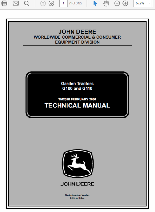 John Deere G100 and G110 Garden Tractors Technical Manual (TM2020) Workshop Guide