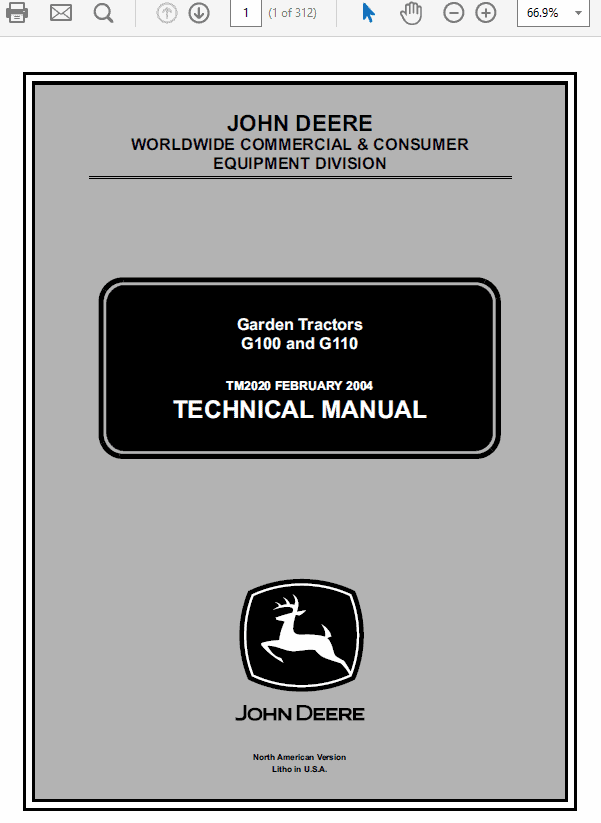 John Deere G100 and G110 Garden Tractors Technical Manual (TM2020) Workshop Guide