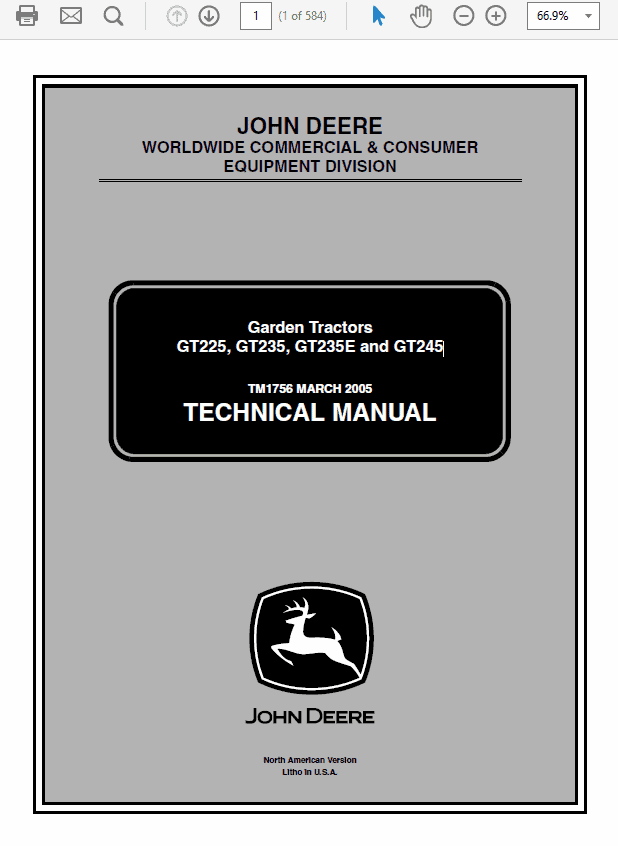 John Deere GT225, GT235, GT235E, GT245 Garden Tractors Technical Manual (TM1756) Workshop Guide