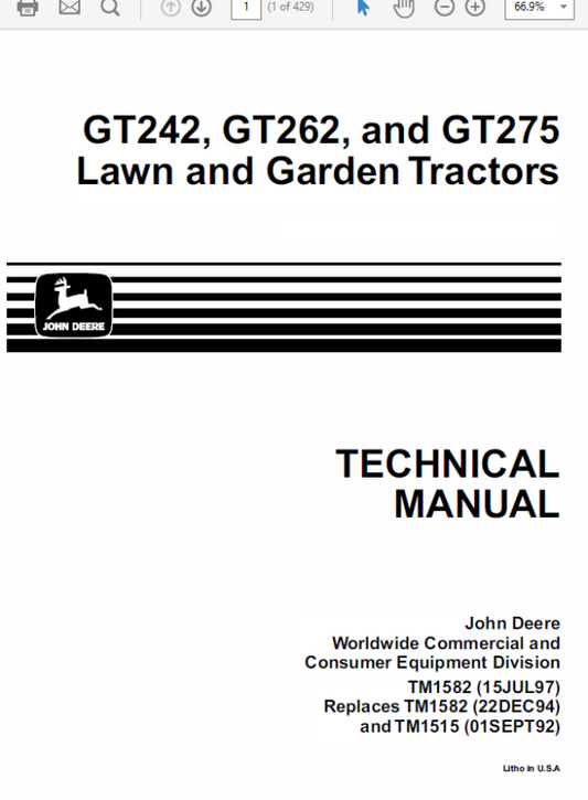 John Deere GT242, GT262, GT275 Lawn Garden Tractors Technical Manual (TM1582) Workshop Guide