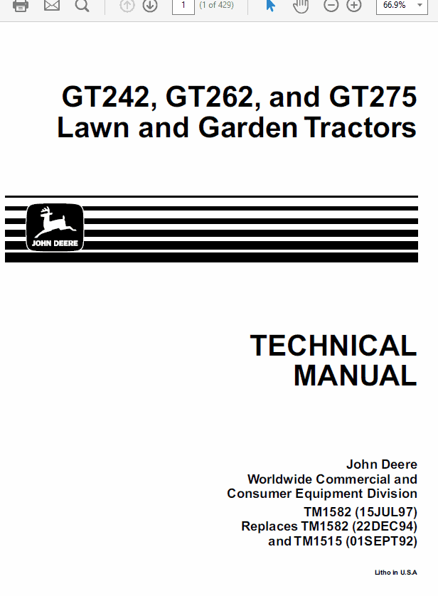 John Deere GT242, GT262, GT275 Lawn Garden Tractors Technical Manual (TM1582) Workshop Guide