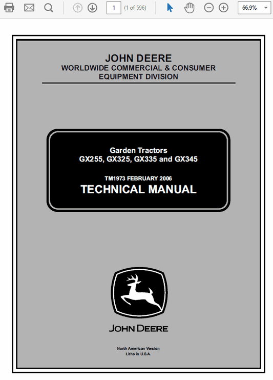 John Deere GX255, GX325, GX335 GX345 Garden Tractors Technical Manual (TM1973) Workshop Guide