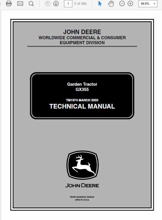 John Deere GX355 Garden Tractor Repair Technical Manual (TM1974) Workshop Guide