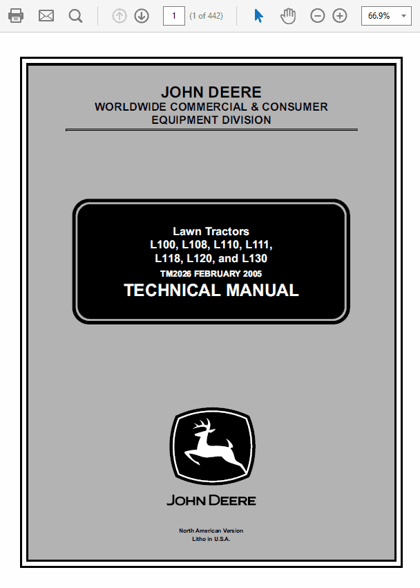John Deere L100, L108, L110, L111, L118, L120, L130 Tractor Technical Manual Workshop Guide