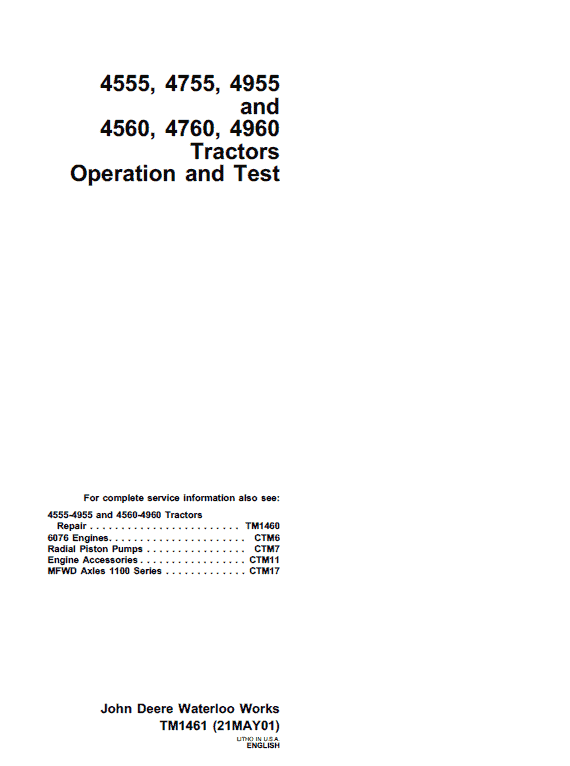 John Deere 4555, 4755, 4955 Tractors Repair Technical Manual Workshop Guide