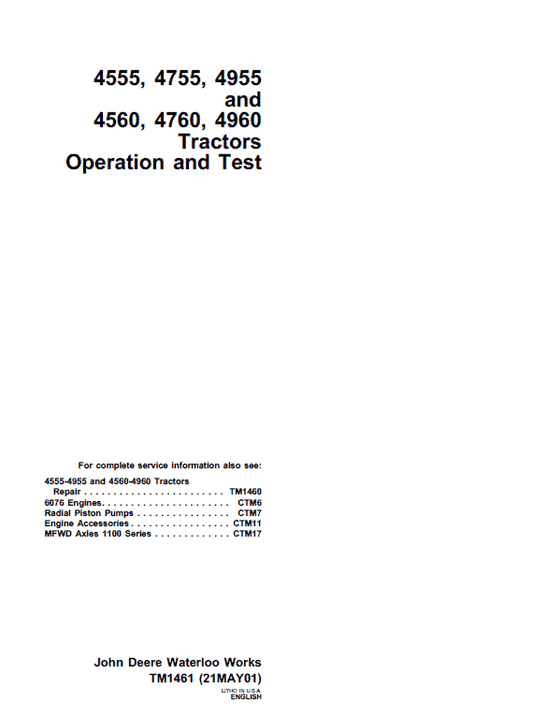 John Deere 4555, 4755, 4955 Tractors Repair Technical Manual Workshop Guide