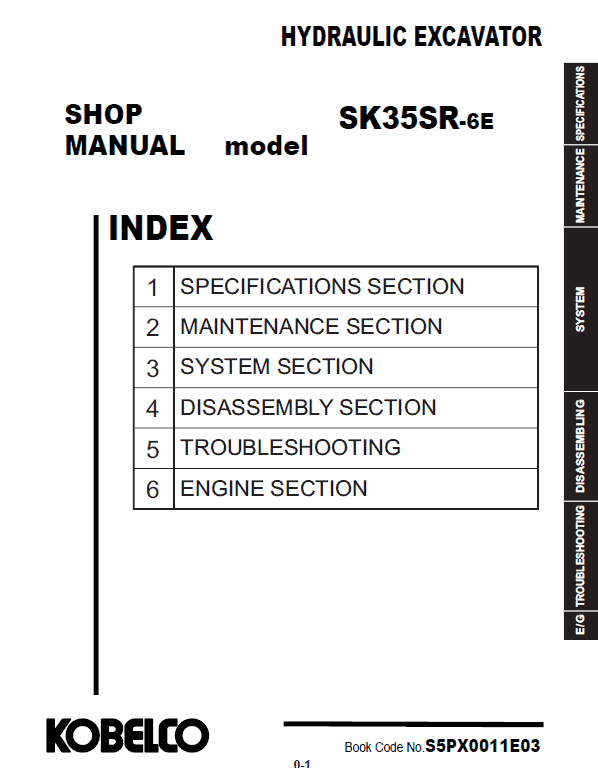Kobelco SK35SR-6E Hydraulic Excavator Repair Service Manual Workshop Guide