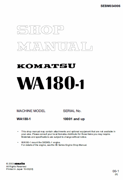 Komatsu WA180-1 Wheel Loader Service Manual Workshop Guide