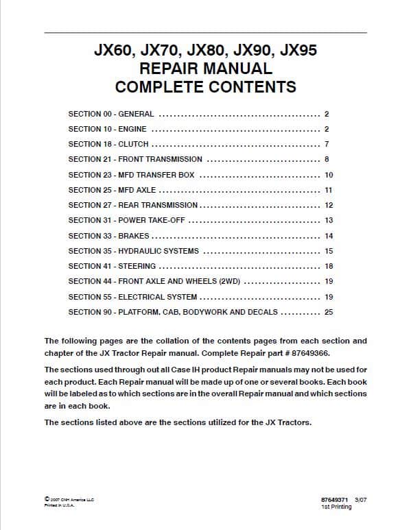 Case JX60, JX70, JX80, JX90, JX95 Tractor Service Manual Workshop Guide