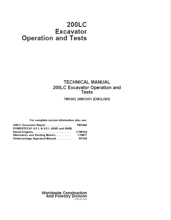 John Deere 200LC Excavator Repair Technical Manual Workshop Guide