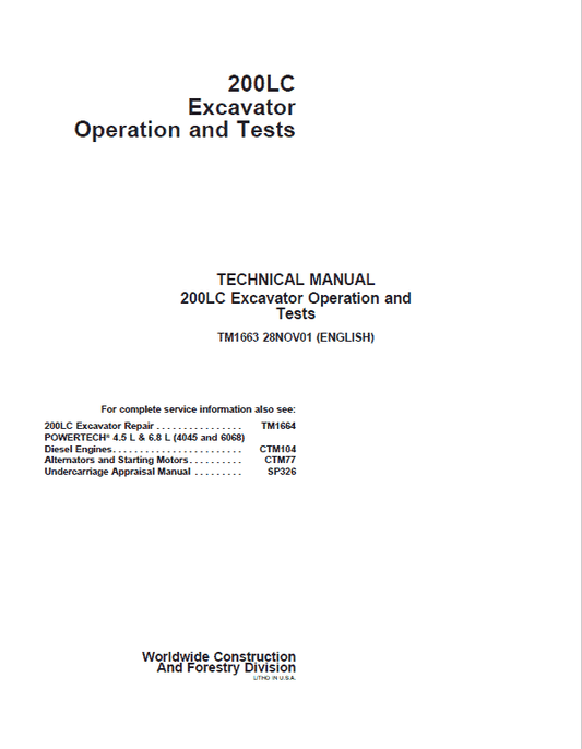 John Deere 200LC Excavator Repair Technical Manual Workshop Guide