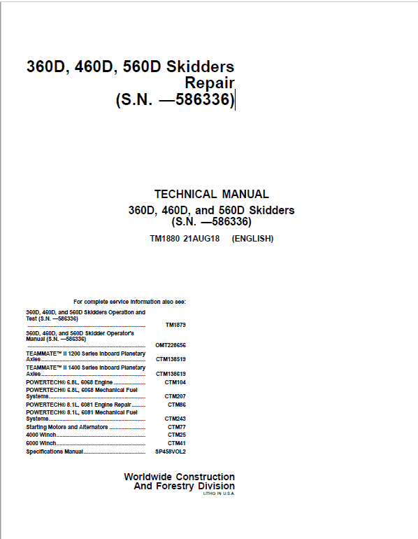 John Deere 360D, 460D, 560D Skidders Repair Manual (S.N.  before 586336) Workshop Guide