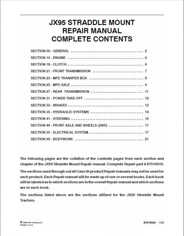 Case JX95 Straddle Tractor Service Manual Workshop Guide