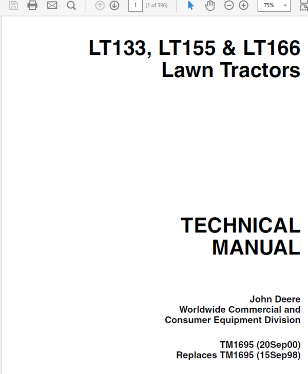 John Deere LT133, LT155, LT166 Lawn Tractor Technical Manual (TM1695) Workshop Guide