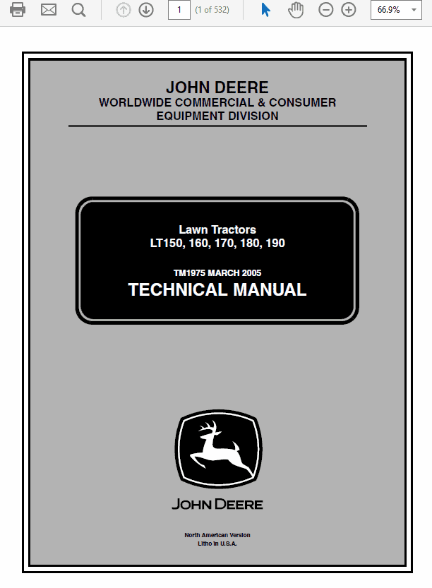 John Deere LT150, LT160, LT170, LT180, LT190 Lawn Tractors Technical Manual (TM1975) Workshop Guide