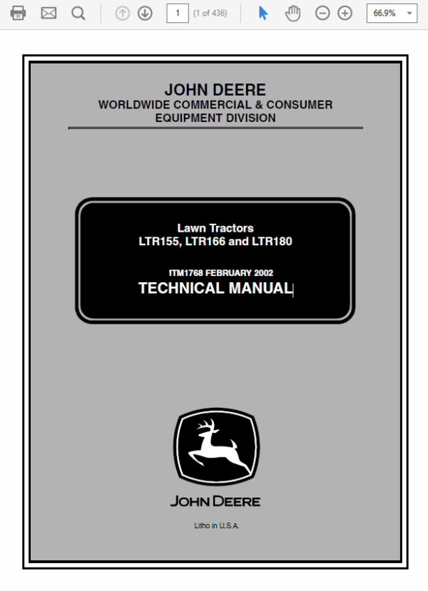 John Deere LTR155, LTR166, LTR180 Lawn Tractors Technical Manual (TM1768) Workshop Guide