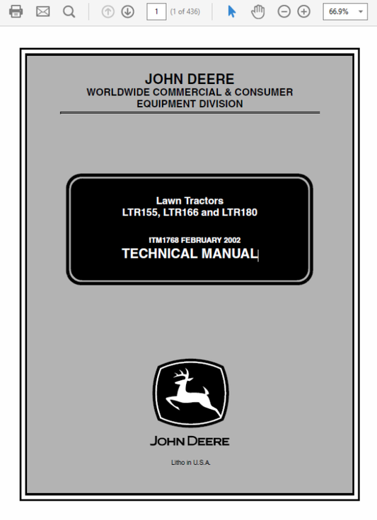 John Deere LTR155, LTR166, LTR180 Lawn Tractors Technical Manual (TM1768) Workshop Guide