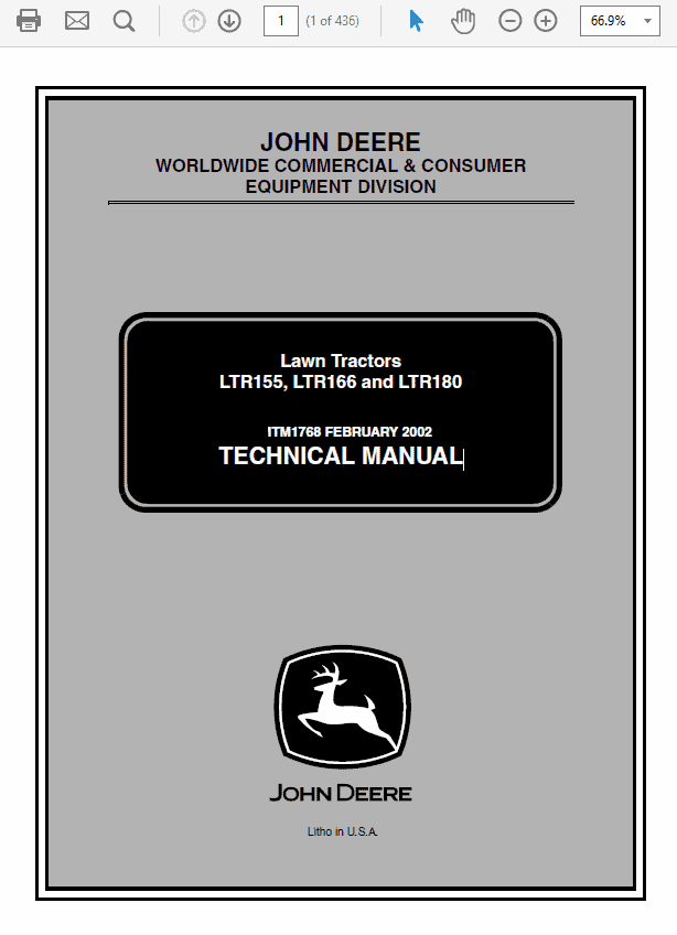 John Deere LTR155, LTR166, LTR180 Lawn Tractors Technical Manual (TM1768) Workshop Guide