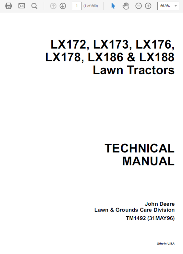 John Deere LX172, LX173, LX176, LX178, LX186, LX188 Lawn Tractor Technical Manual Workshop Guide