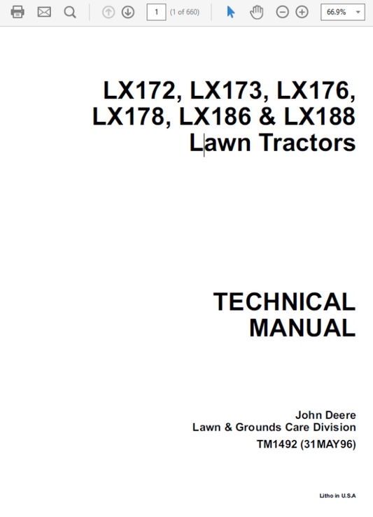 John Deere LX172, LX173, LX176, LX178, LX186, LX188 Lawn Tractor Technical Manual Workshop Guide