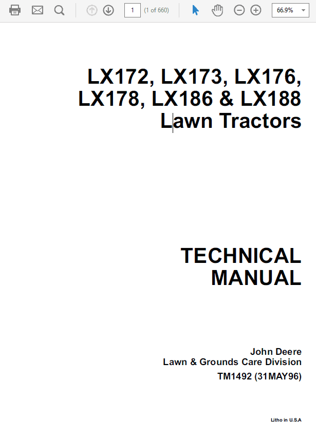 John Deere LX172, LX173, LX176, LX178, LX186, LX188 Lawn Tractor Technical Manual Workshop Guide