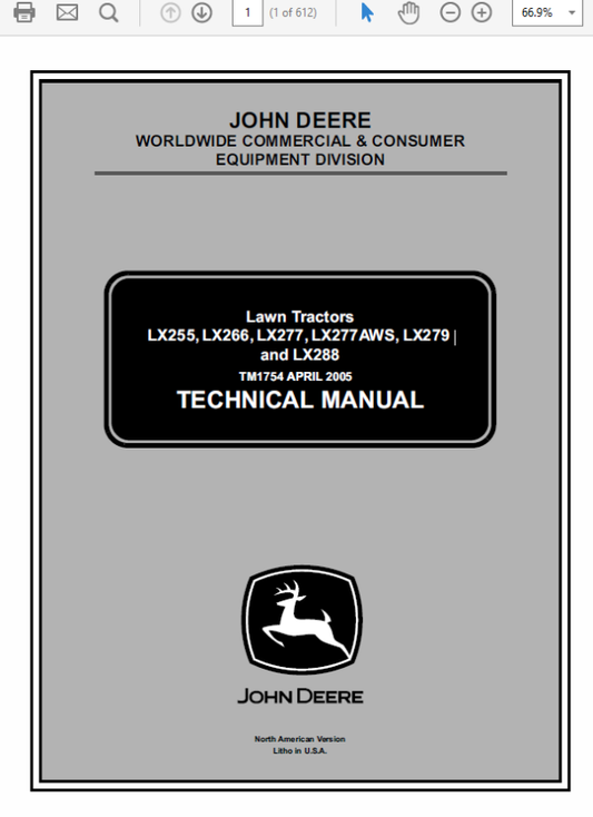 John Deere LX255, LX266, LX277, LX277AWS, LX279, LX288 Technical Manual (TM1754) Workshop Guide