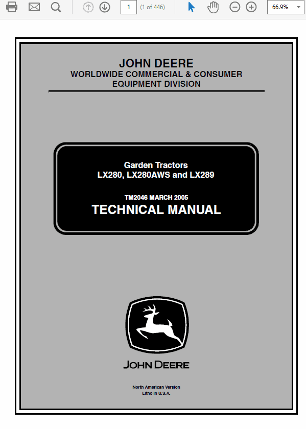 John Deere LX280, LX280AWS and LX289 Garden Tractors Technical Manual (TM2046) Workshop Guide