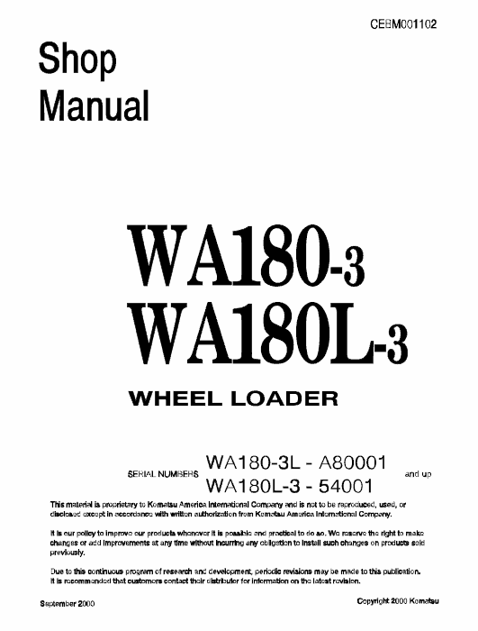 Komatsu WA180-3, WA180L-3 Wheel Loader Service Manual Workshop Guide