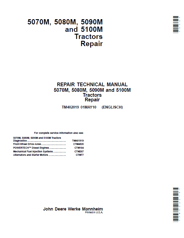 John Deere 5070M, 5080M, 5090M, 5100M Tractors Repair Technical Manual (EU) Workshop Guide