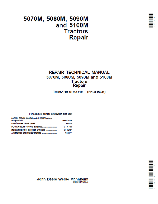John Deere 5070M, 5080M, 5090M, 5100M Tractors Repair Technical Manual (EU) Workshop Guide