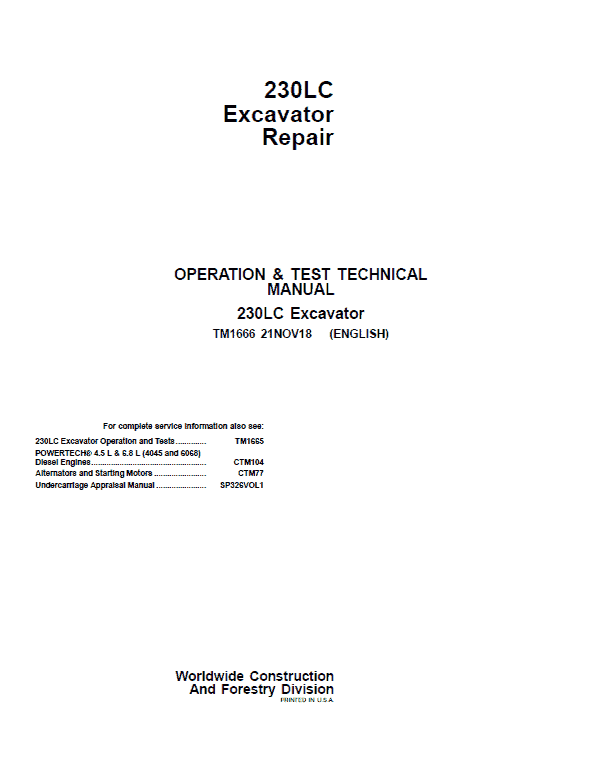 John Deere 230LC Excavator Repair Technical Manual Workshop Guide