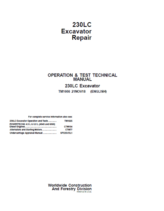 John Deere 230LC Excavator Repair Technical Manual Workshop Guide