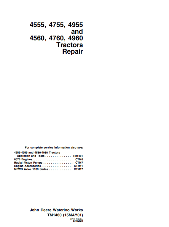 John Deere 4560, 4760, 4960 Tractors Repair Technical Manual Workshop Guide