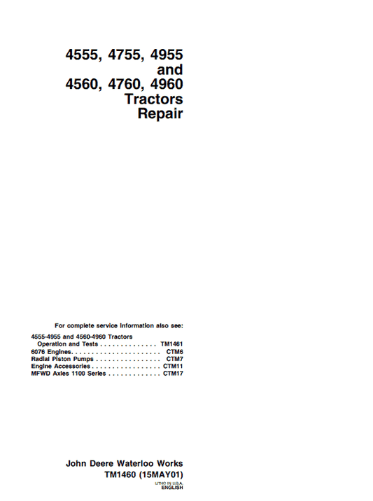 John Deere 4560, 4760, 4960 Tractors Repair Technical Manual Workshop Guide