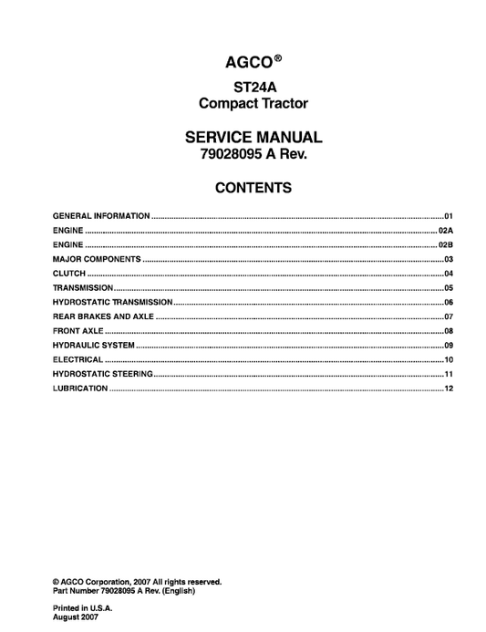 AGCO ST24A Compact Tractor Service Manual Workshop Guide