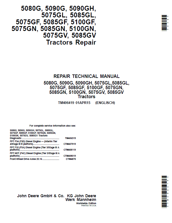 John Deere 5075GL, 5075GF, 5075GN, 5075GV Tractors Repair Technical Manual Workshop Guide