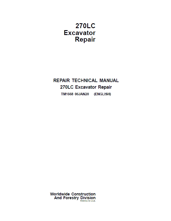 John Deere 270LC Excavator Repair Technical Manual Workshop Guide