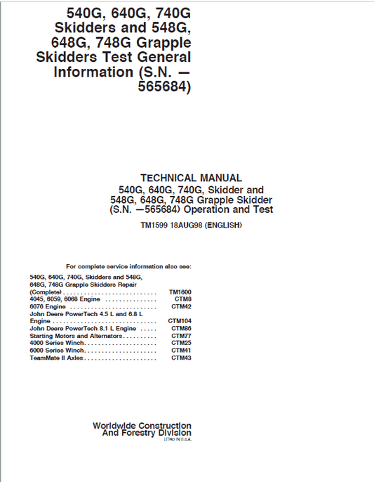 John Deere 540G, 640G, 740G Skiders Repair Manual (S.N before 565684) Workshop Guide