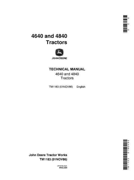 John Deere 4640, 4840 Tractors Repair Technical Manual Workshop Guide