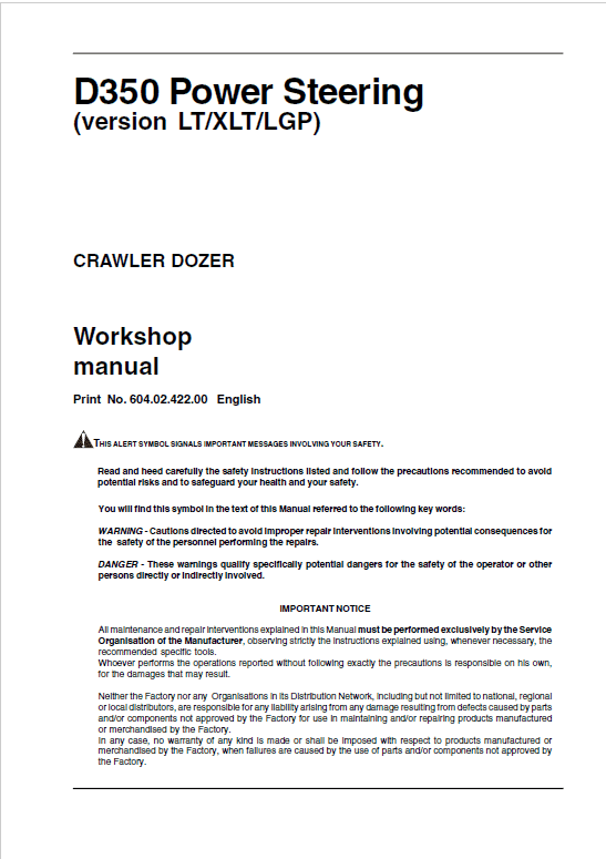 New Holland D350 LT, D350 XLT, D350 LGP Crawler Dozer Repair Service Manual Workshop Guide