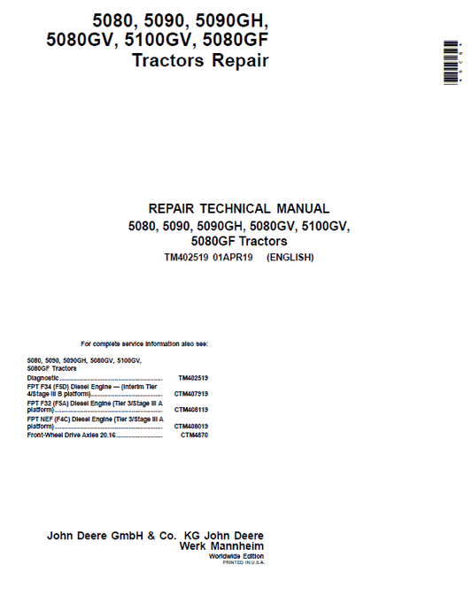 John Deere 5080, 5080GV, 5080GF, 5090, 5100GV Tractors Repair Technical Manual Workshop Guide