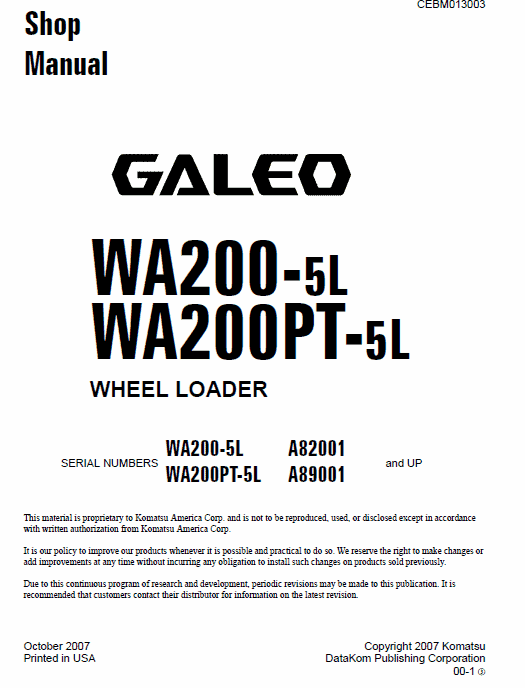 Komatsu WA200-5H, WA200PT-5L, WA200-5L, WA200-5 Loader Service Manual Workshop Guide