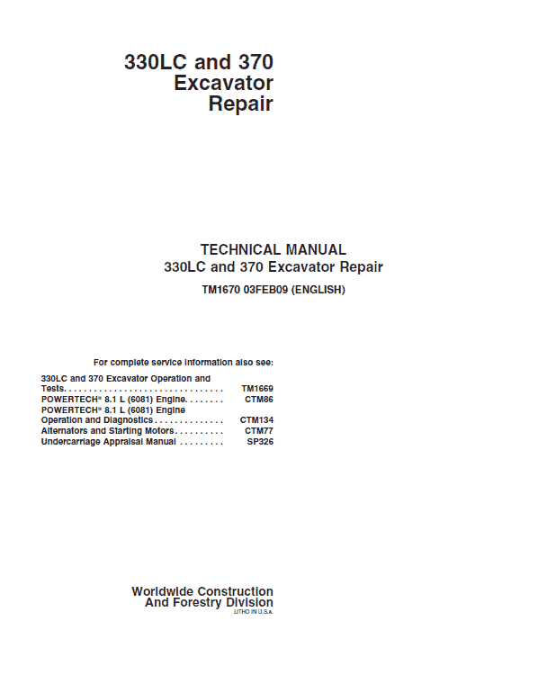 John Deere 330LC, 370 Excavator Repair Technical Manual Workshop Guide