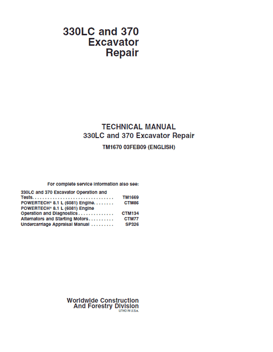 John Deere 330LC, 370 Excavator Repair Technical Manual Workshop Guide