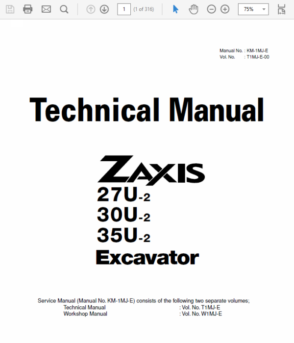 Hitachi Zaxis ZX27U-2, ZX30U-2, ZX35U-2 Excavator Service Repair Manual Workshop Guide